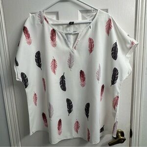 SHEIN Curve Women's White Blouse with Pink and Black Feather Print - 1XL - NWOT
